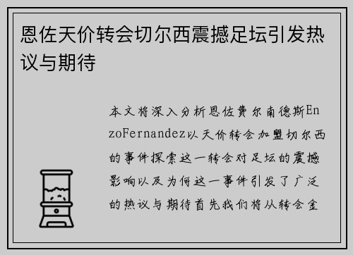 恩佐天价转会切尔西震撼足坛引发热议与期待