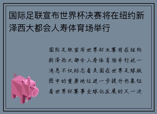 国际足联宣布世界杯决赛将在纽约新泽西大都会人寿体育场举行